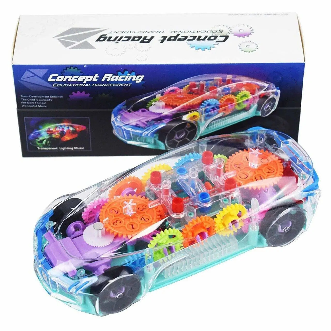 Concept Racing Transparent Gear Toy Car Flashing Lights & Music Educational Mechanical Toy for Kids